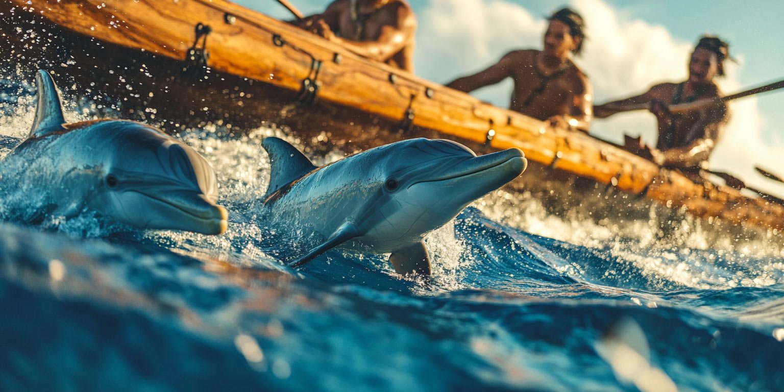 CanoeDolphinHistoryjpg - EXCELLENCE AFRICA ADVENTURES - EXCELLENCE AFRICA ADVENTURES two bottlenose dolphins leaping beside a wooden boat as two paddlers row in the sunlit blue sea
